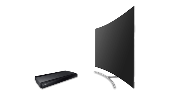 A curved Samsung TV and Blueray player.